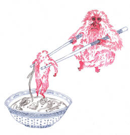 Watercolour painting of small monkeys playing in china cups