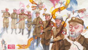 Aquarell illustration of a row of nazi soldiers in front of surrealistic creatures