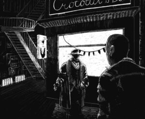 Black and white scratchboard illustration of American Gods with Wednesday and Shadow standing in front od Crocodile’s Bar