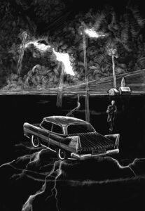 Black and white scratchboard illustration of American Gods with old car on a frozen lake