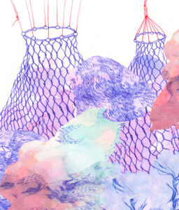 Watercolour painting of abstract clouds and nets in the sky