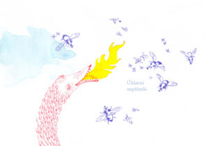 Watercolour painting of dragon spitting fire on flies