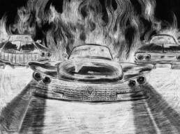 Black and white illustration of Rosemary’s Baby showing old cars on fire