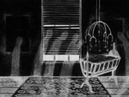 Black and white illustration of Rosemary’s Baby showing dark room with baby crib and shadowy figures