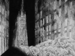 Black and white illustration of Rosemary’s Baby showing a pack of wolves running out of a church in New York