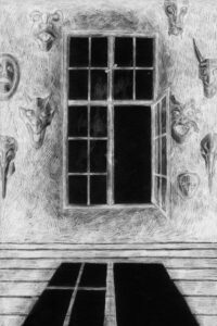Black and white illustration of Rosemary’s Baby showing open window surrounded by masks