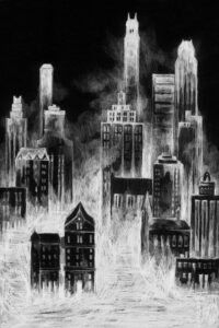 Black and white illustration of Rosemary’s Baby showing New York buildings