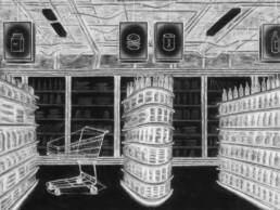 Black and white illustration of Rosemary’s Baby showing closed shop with shopping troley