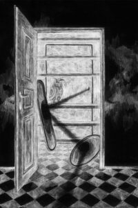 Black and white illustration of Rosemary’s Baby showing an open door with ray of light reflecting in mirrors