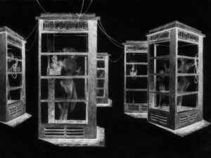 Black and white illustration of Rosemary’s Baby showing four telephone booths with figures inside of them