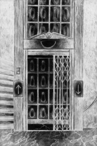 Black and white illustration of Rosemary’s Baby showing old fashioned elevator