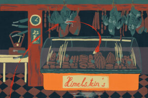 Colorful drawing of butcher’s shop with dead hens and a bullet flying through