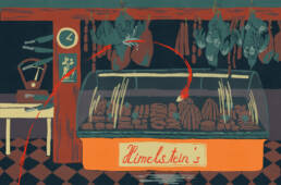 Colorful drawing of butcher’s shop with dead hens and a bullet flying through