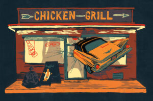 Colorful drawing of an old fashioned car crashing into a chicken grill