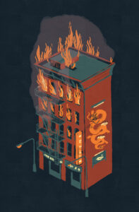 Colorful drawing of a building with dragon mural that is on fire