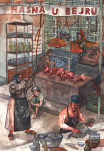Watercolour painting of a butcher shop featuring woman shooting a rooster
