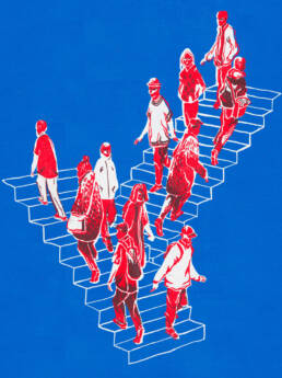 Colorful poster showing two flights of stairs with people walking on them
