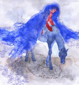 Watercolour illustration of a fairytale about a man with large blue coat on a horse