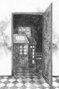 Black and white drawing of open door showing a night city