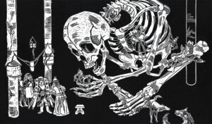 Black and white linocut of a giant skeleton eating tiny people