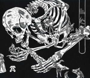 Black and white linocut of a giant skeleton eating tiny people