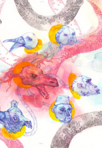 Watercolour illustration of a seven headed dragon flying in the sky