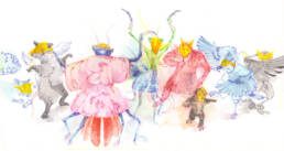 Watercolour illustration of a carneval of animals in masks