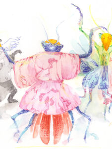 Watercolour illustration of a carneval of animals in masks