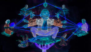 Neon colored illustration of large troll in centre surrounded by people connected by wires