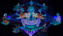 Neon colored illustration of large troll in centre surrounded by people connected by wires